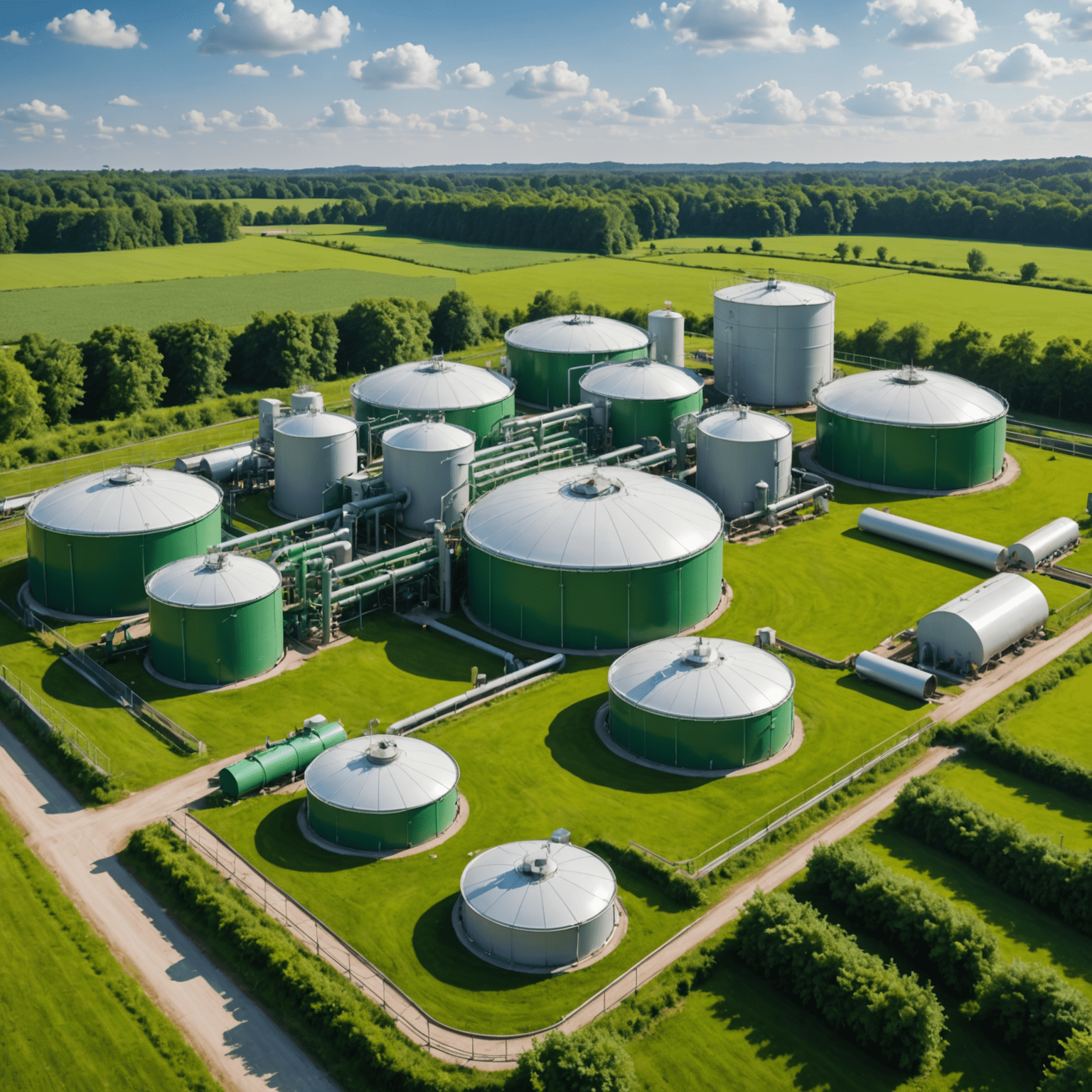 Biogas production facility with large digester tanks and lush green surroundings, showcasing the eco-friendly nature of biogas energy