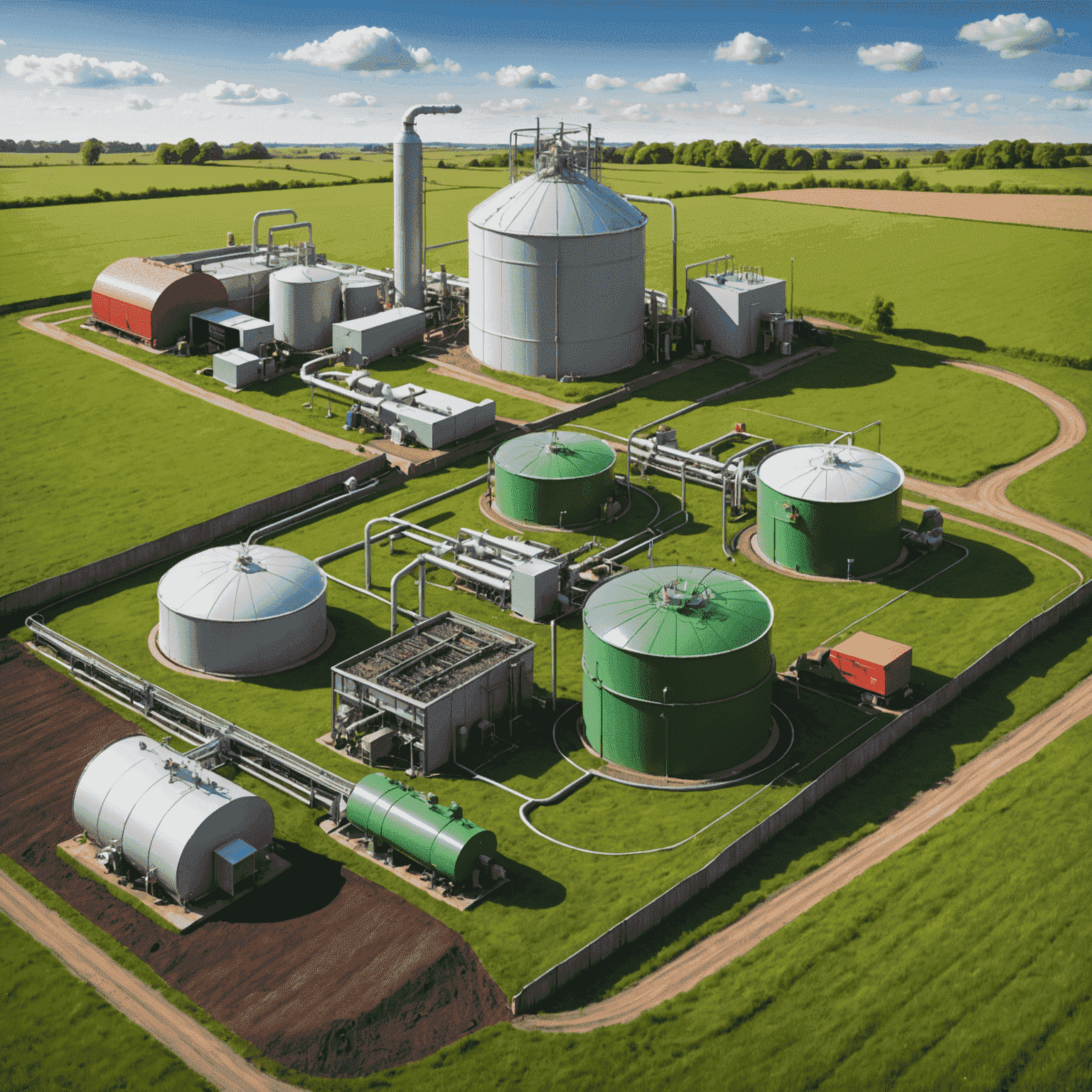 Diagram showing the process of biogas production from organic waste materials, including anaerobic digestion and methane capture