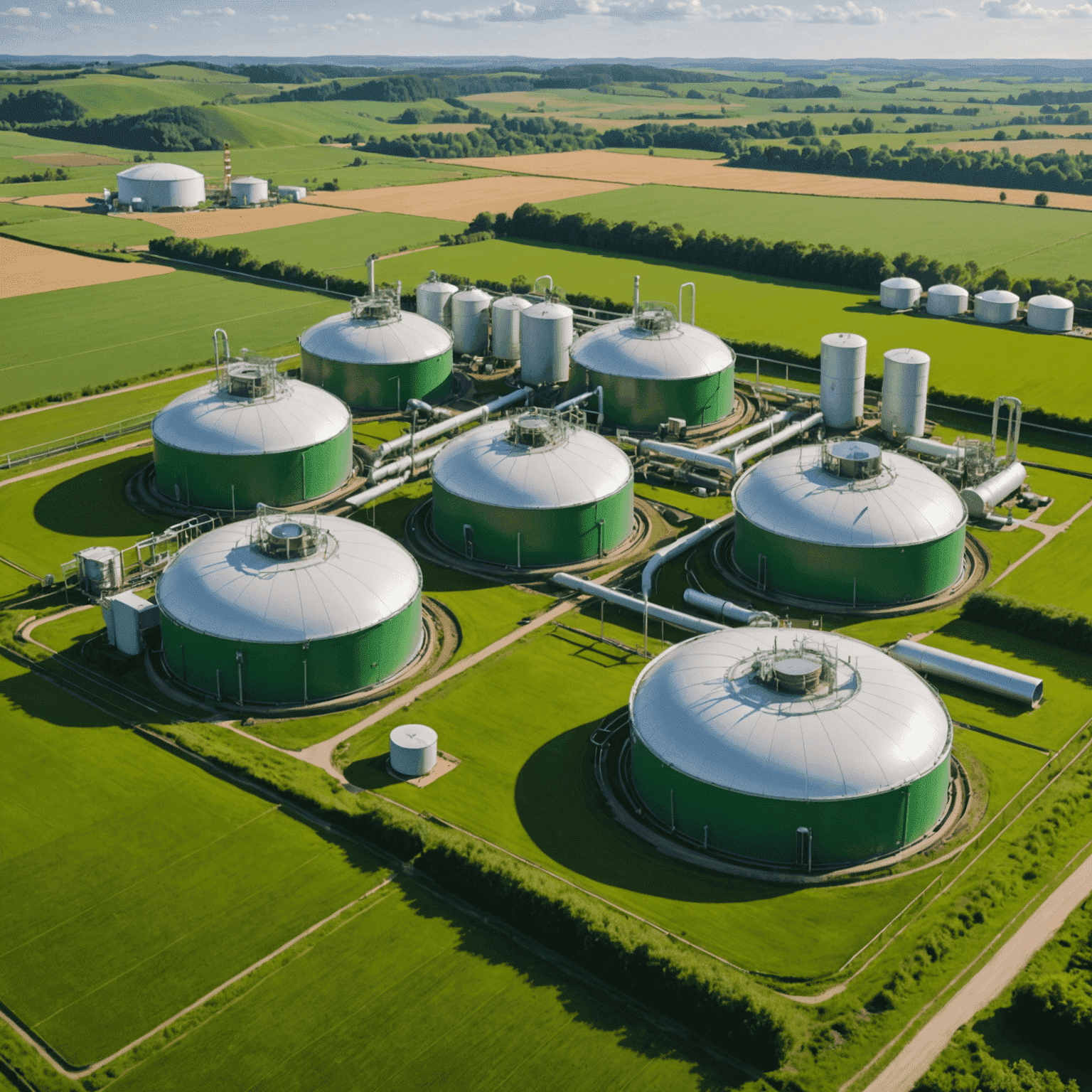 Biogas production plant with large digester tanks and pipes, surrounded by lush green fields symbolizing the renewable nature of biogas