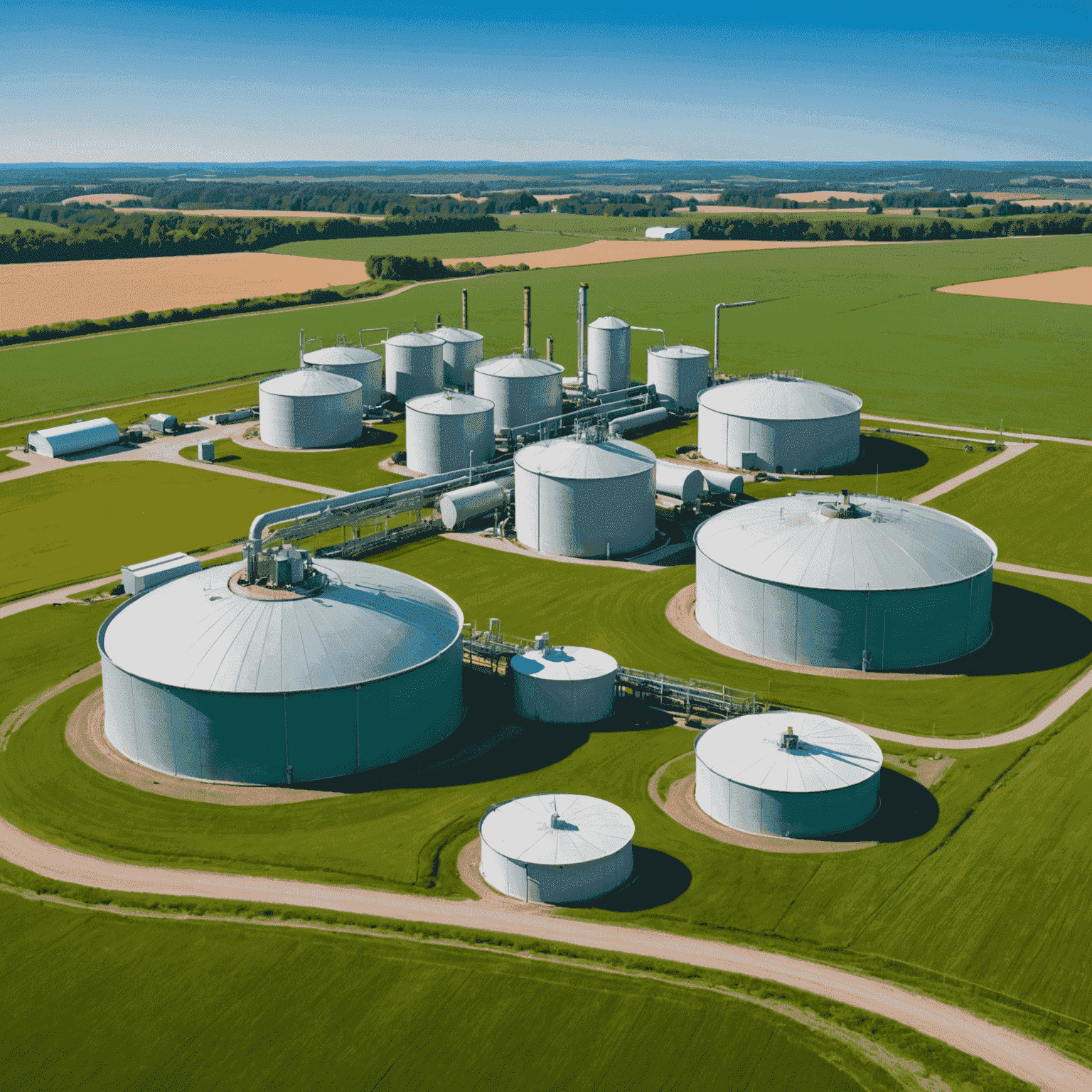 A biogas plant in a Canadian rural landscape, with lush green fields and a clear blue sky. The plant features large digester tanks and a small control building, showcasing the integration of biogas technology with agriculture.