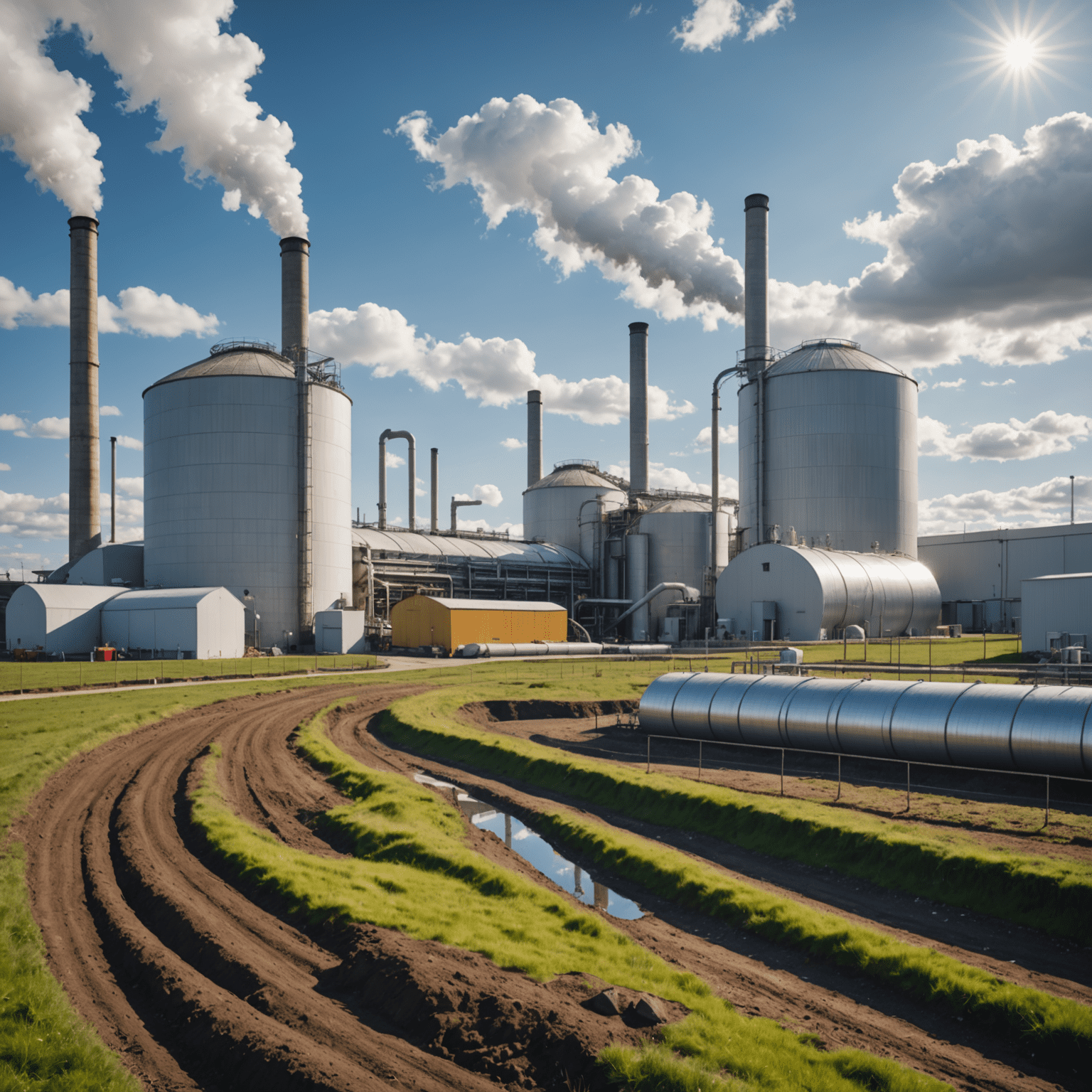 Split image showing a modern biogas plant on one side and a traditional fossil fuel power plant on the other, emphasizing the contrast between clean and polluting energy sources