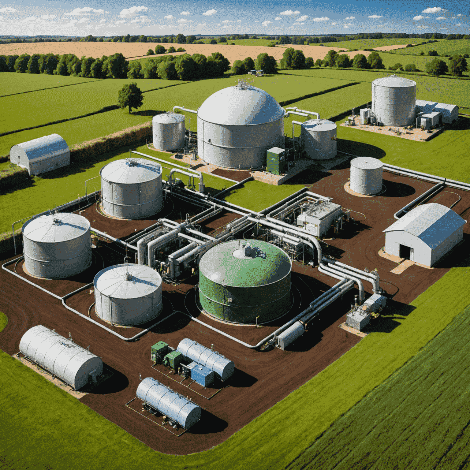 Diagram showing the process of biogas production from organic waste, including anaerobic digestion chambers and methane collection systems