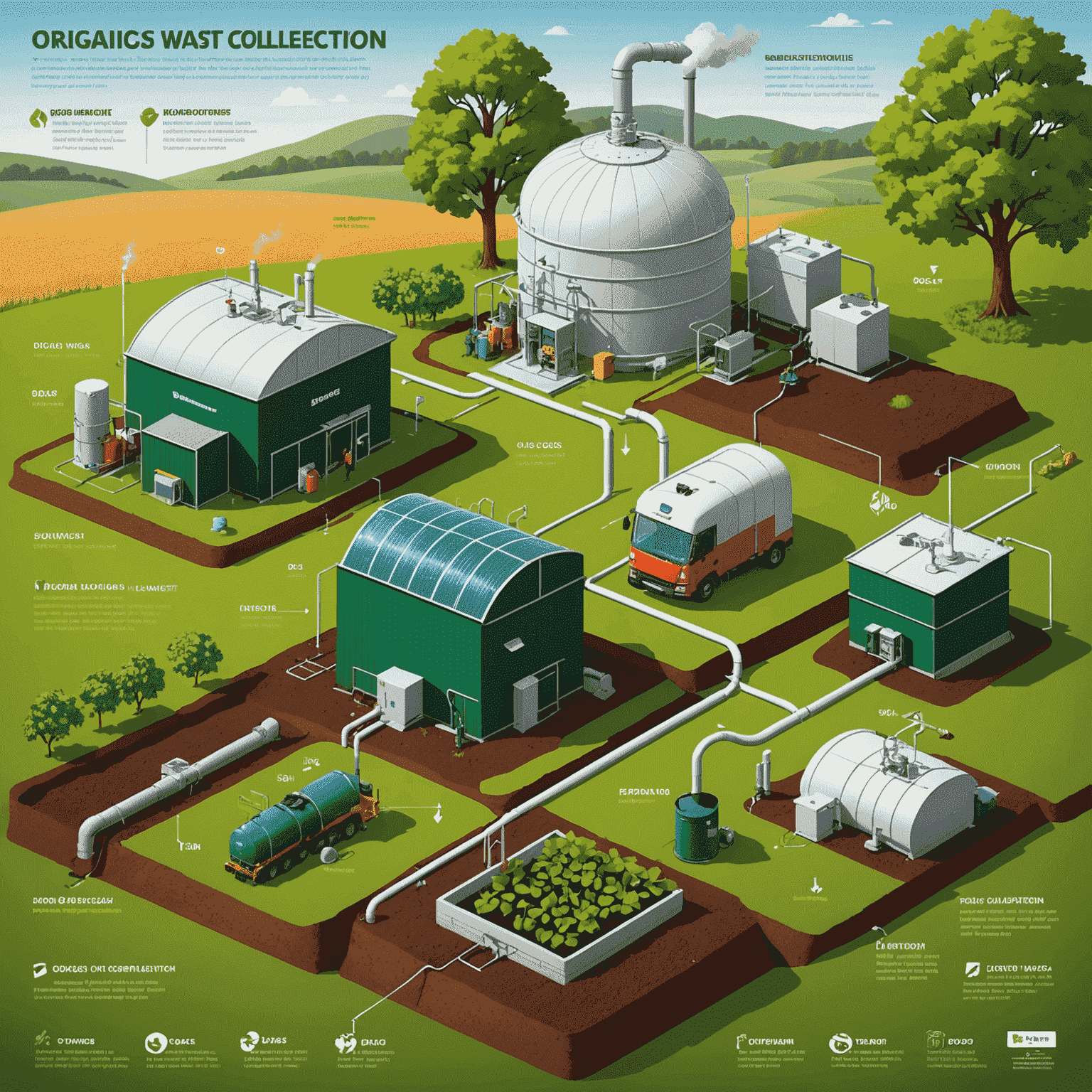 Infographic showing the step-by-step process of biogas production from organic waste collection to energy utilization