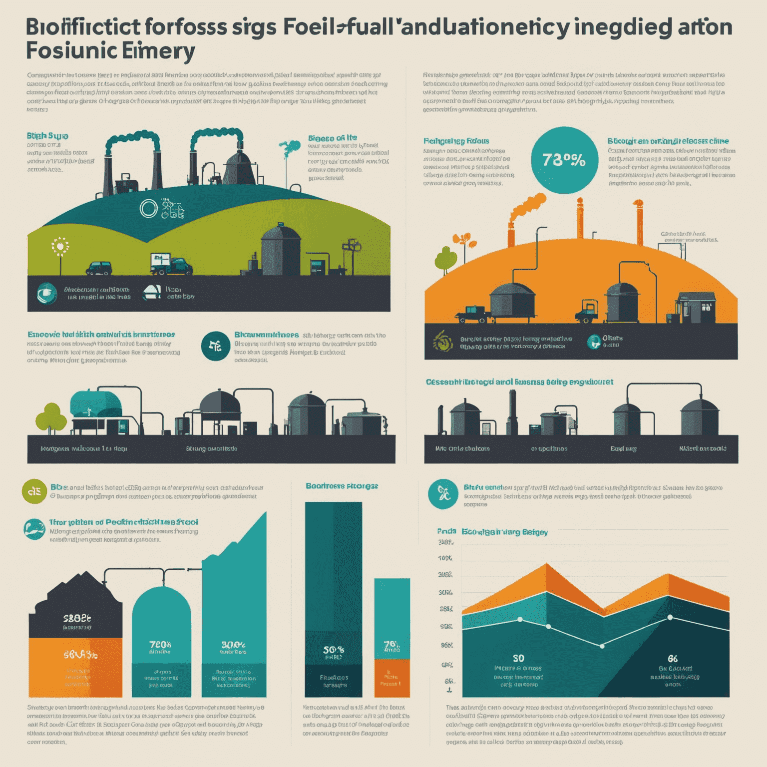 Infographic comparing the efficiency of biogas and fossil fuel energy production, showing higher overall efficiency for biogas when considering CHP systems