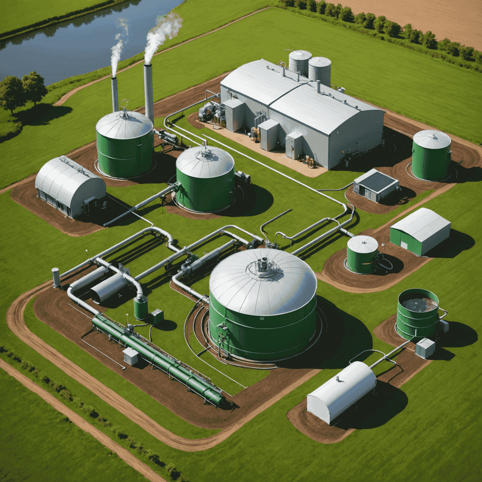 Diagram of a farm-based biogas system showing the flow from waste collection to energy production