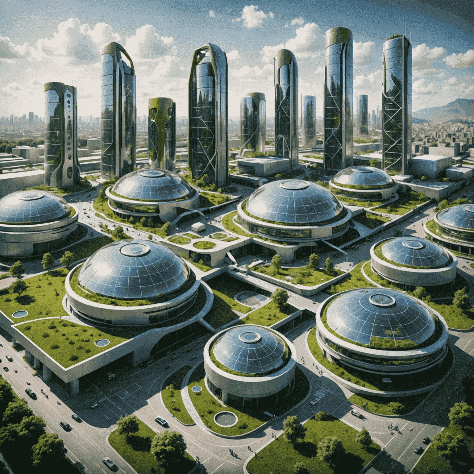 Futuristic cityscape powered by biogas, showing integration of biogas plants with urban infrastructure and green spaces