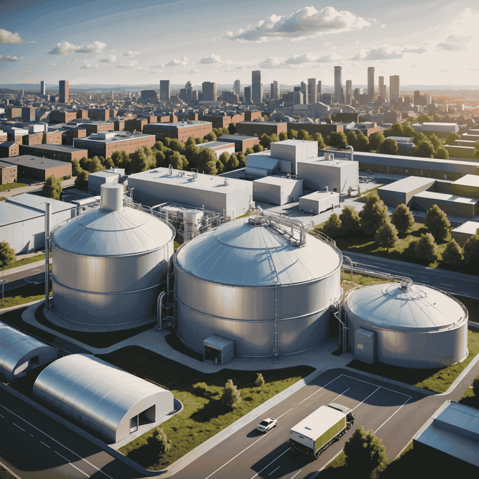 3D render of a modern urban biogas facility integrated into a city landscape, showcasing its compact design