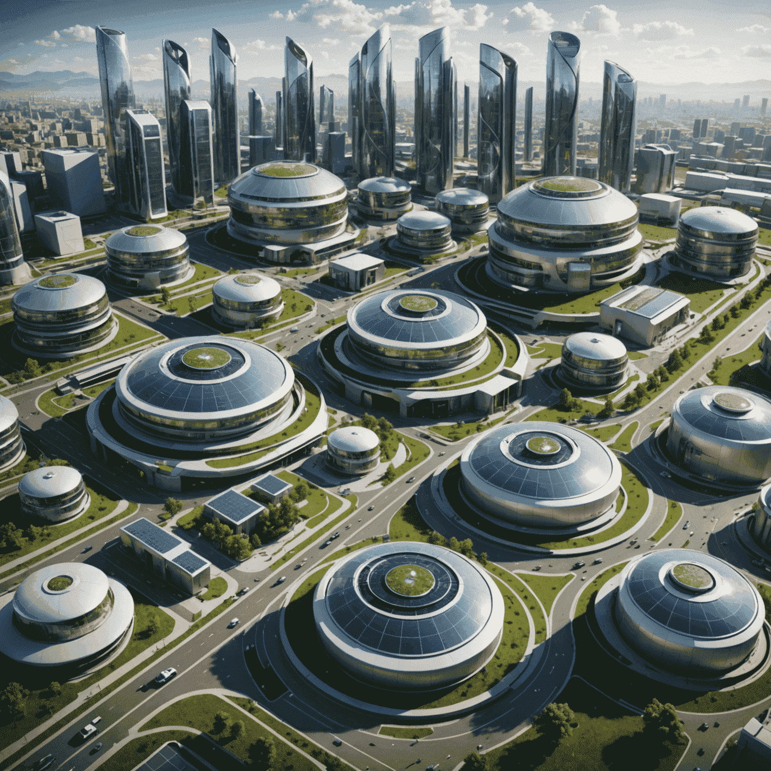 Futuristic cityscape with integrated biogas facilities, showing how biogas can be seamlessly incorporated into smart city designs