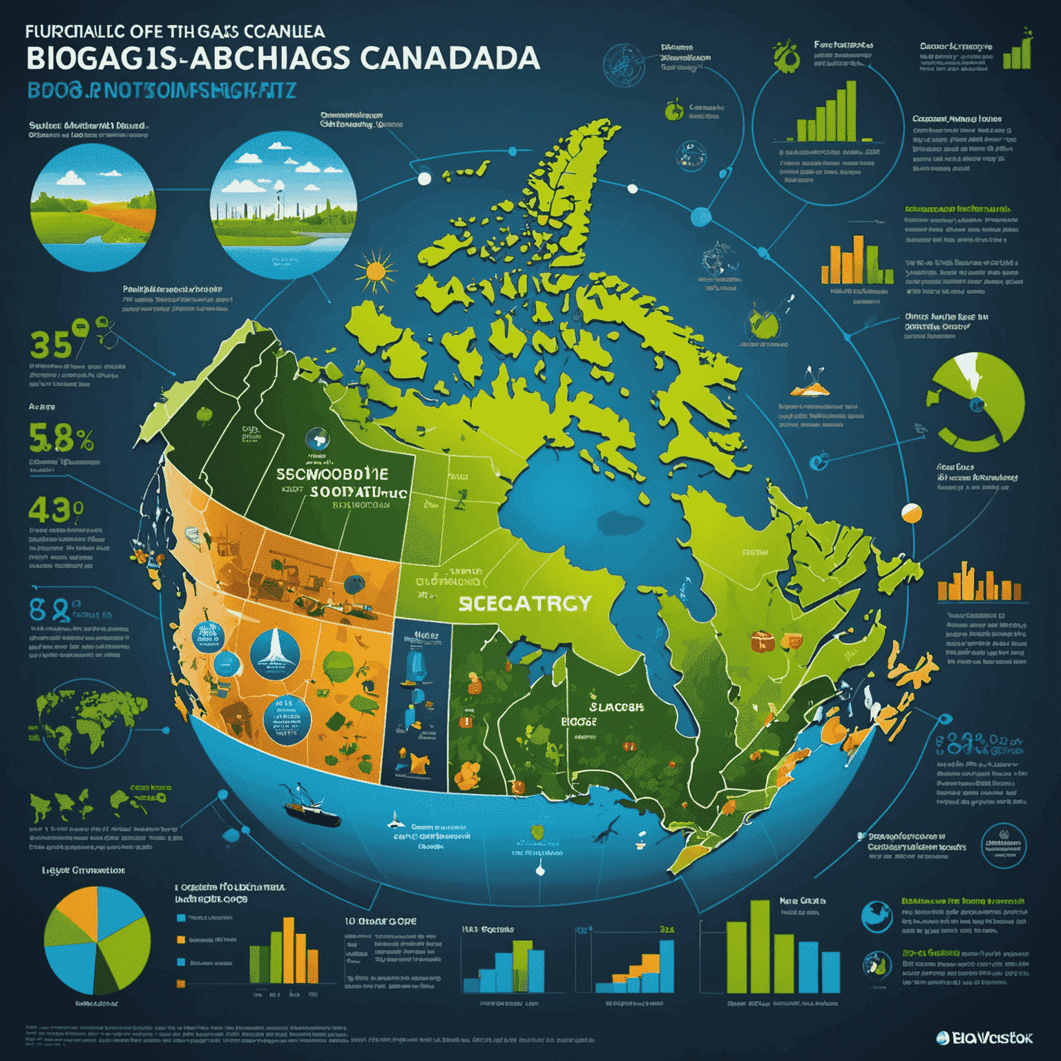 Futuristic infographic showing the projected growth of biogas in Canada's energy landscape, including government initiatives and technological advancements